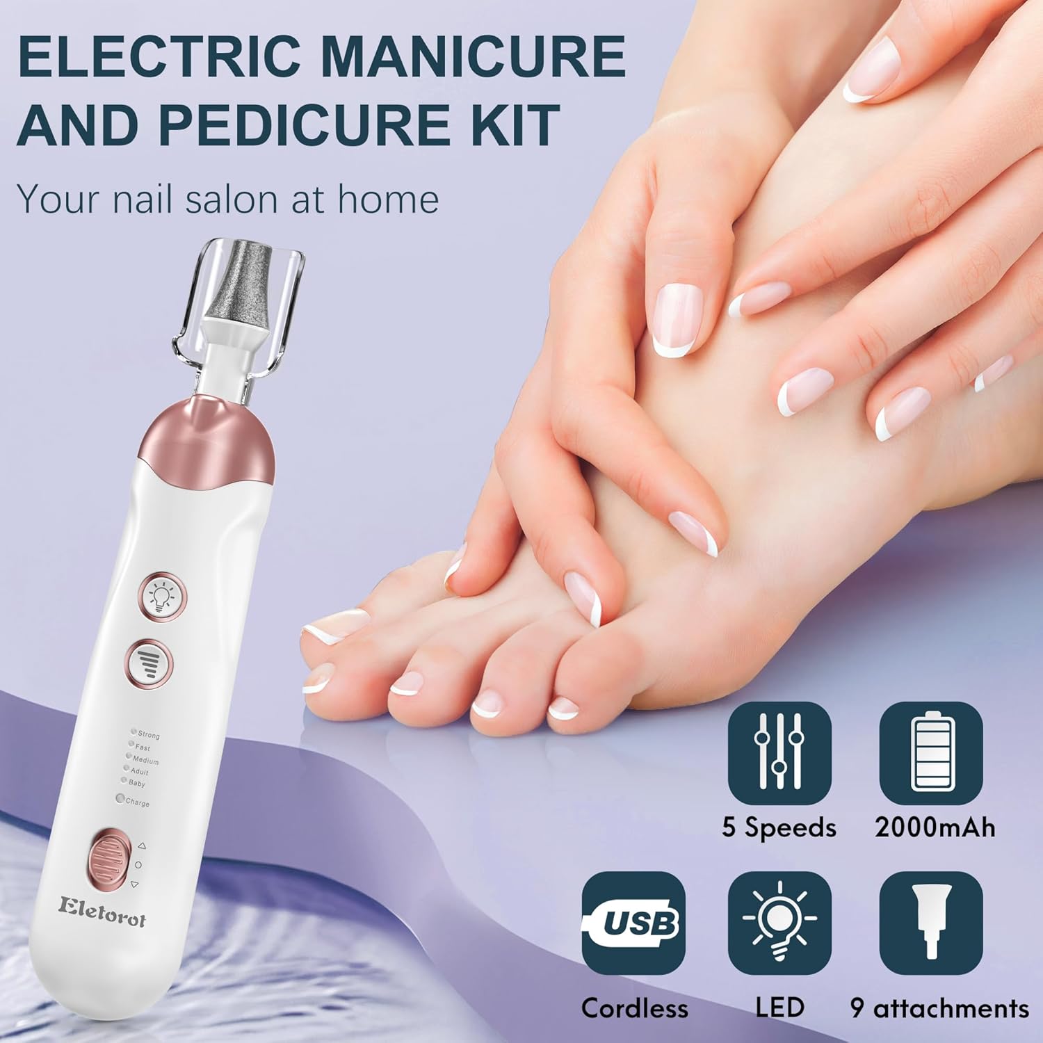 Eletorot Electric Nail File Set, 8 in 1 Professional Manicure and Pedicure Kit, Cordless Pedicure Tools for feet, 5 Speeds Electric Nail Drill Machine, Toe Nail Grinder Kit for Thick Nails - Image 2