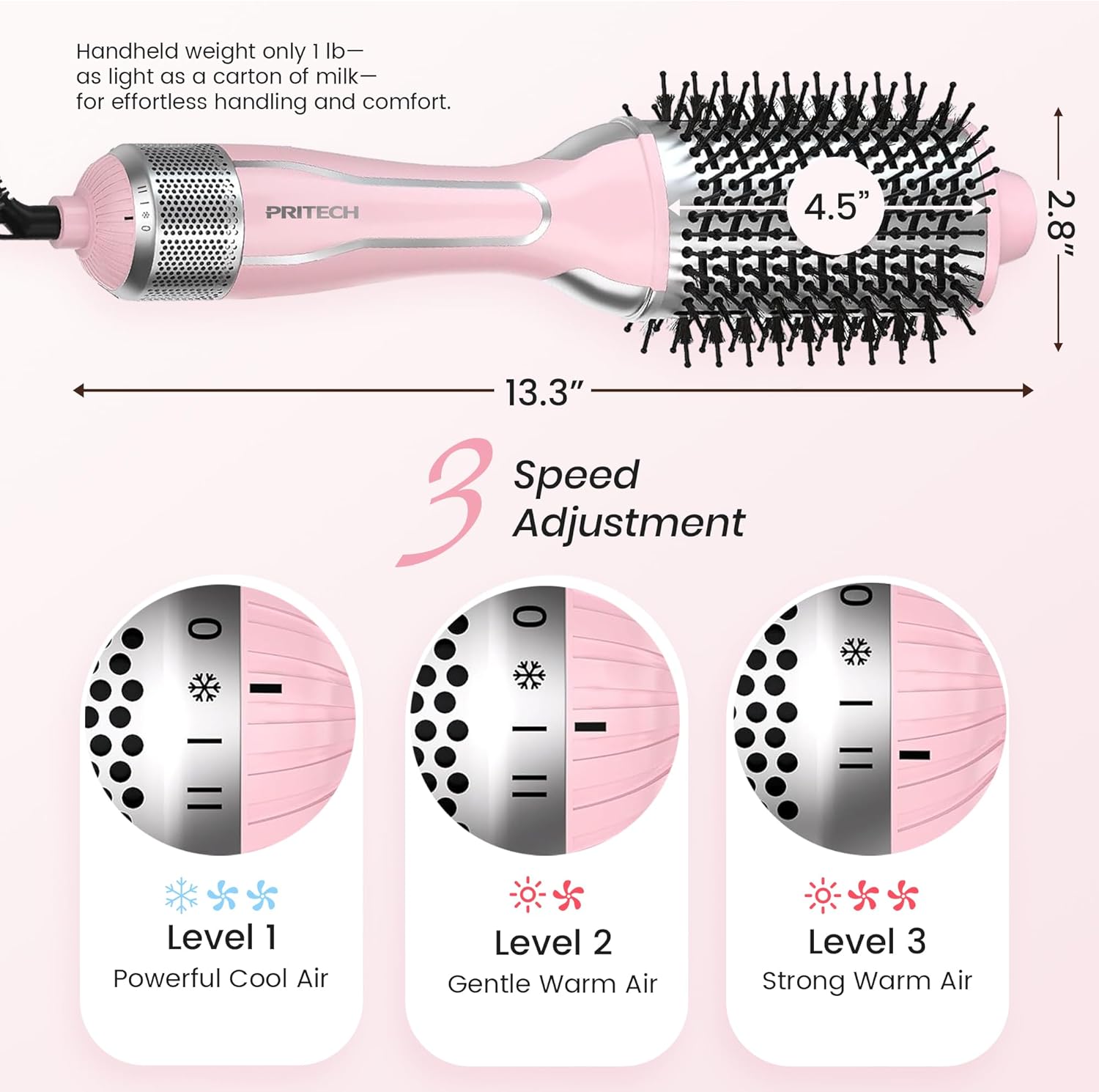 PRITECH 1000W Dual Voltage Ceramic Ionic Hair Dryer Brush,4-in-1 Hot Air Styler & One Step Volumizer for Straight & Curly Hair Salon (110-120V/220-240V),Blush Silver - Image 6