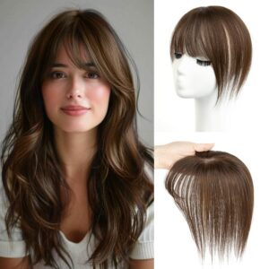 Hair Toppers for Women Real Human Hair with Bangs10 Inch Dark Brown 360°3D Cover Human Hair Toppers for Women with Thinning Hair Clip in Bangs(2# 10Inch)