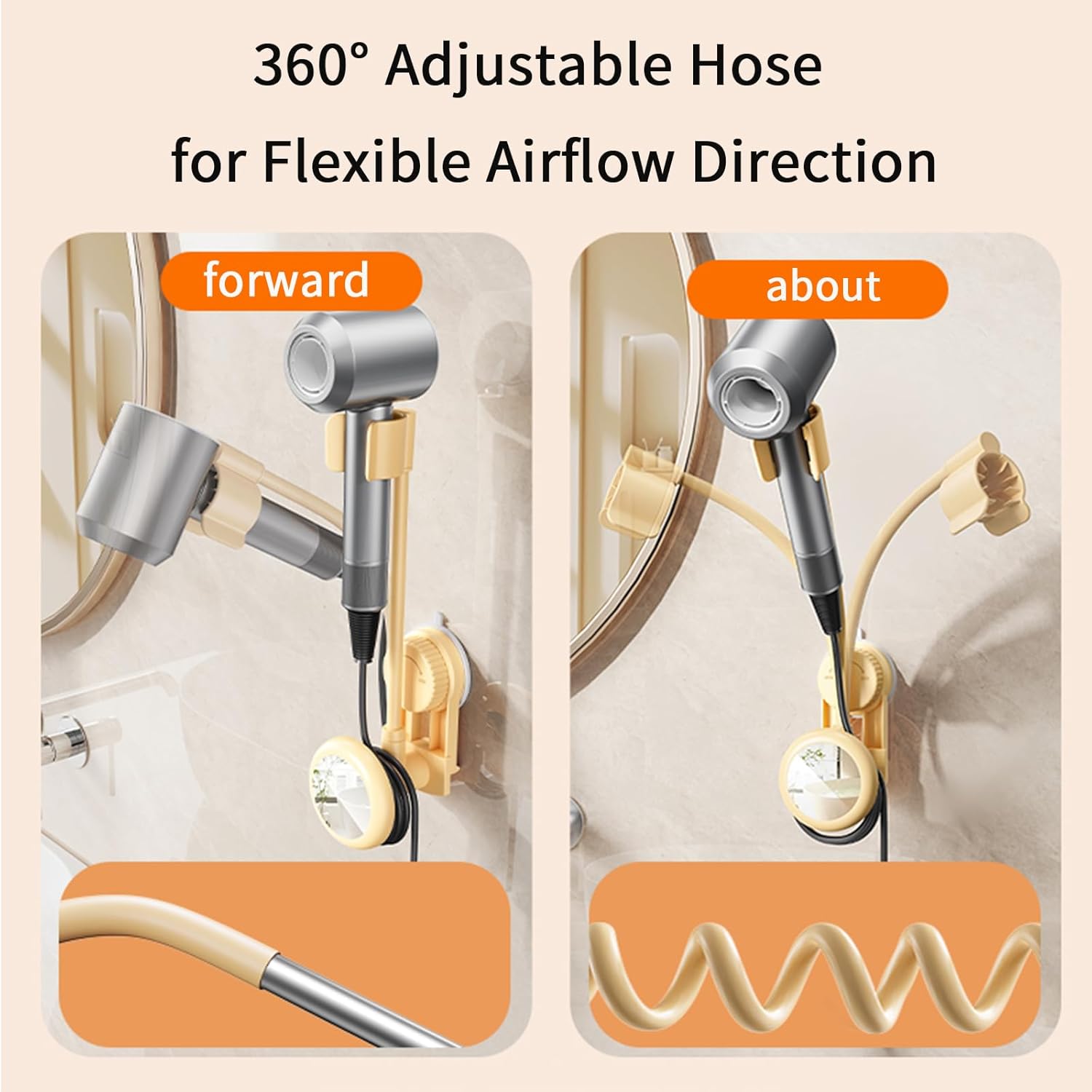 Hands-Free Hair Dryer Holder Wall Mounted with 360° Adjustable Hose, Suction Cup Installation, Built-in Mirror, and Cord Organizer for Blow Dryer, Curling Iron, No Drilling Required - Image 9