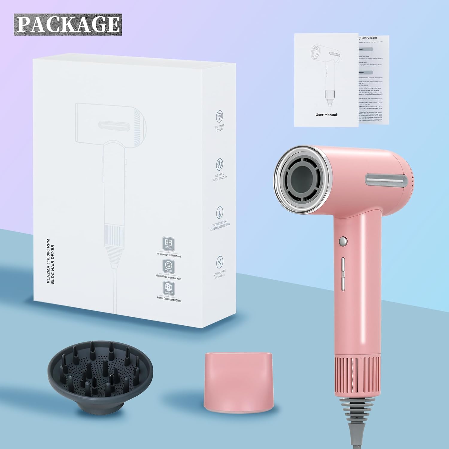 Hair Dryer,7 Temps&31 Modes.Intelligent Temperature Control,LCD Display,Self-Cleaning Mode,Facial Care Mode.1600W RPM Ionic Blow Dryer.Low Noise Thermo-Control Hair Dryer with Diffuser and Nozzle - Image 8