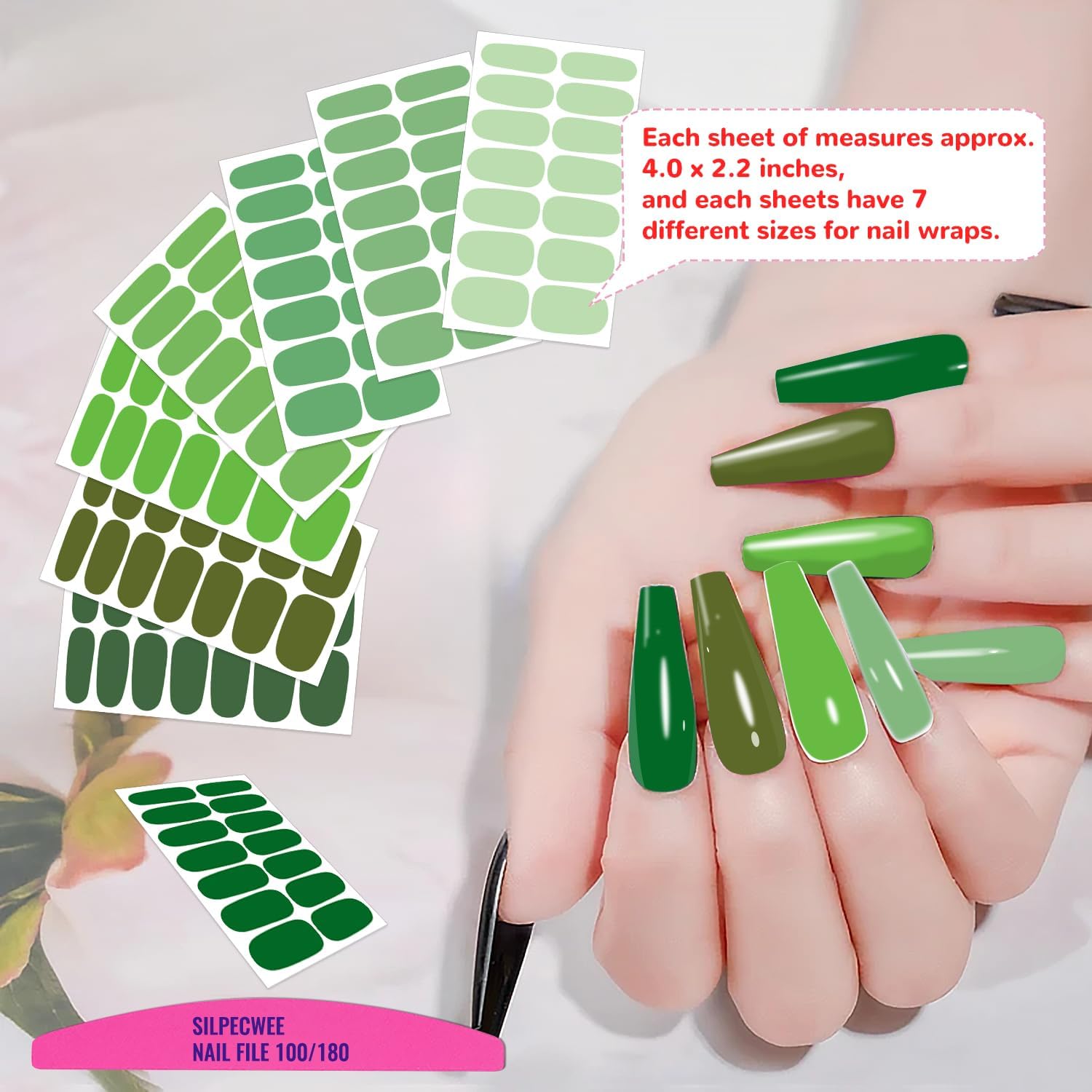 SILPECWEE 12 Sheets Green Nail Polish Stickers Full Wraps Bright Solid Color Gel Strips Self Adhesive Fingernail Sticker for Women With Nail File - Image 3
