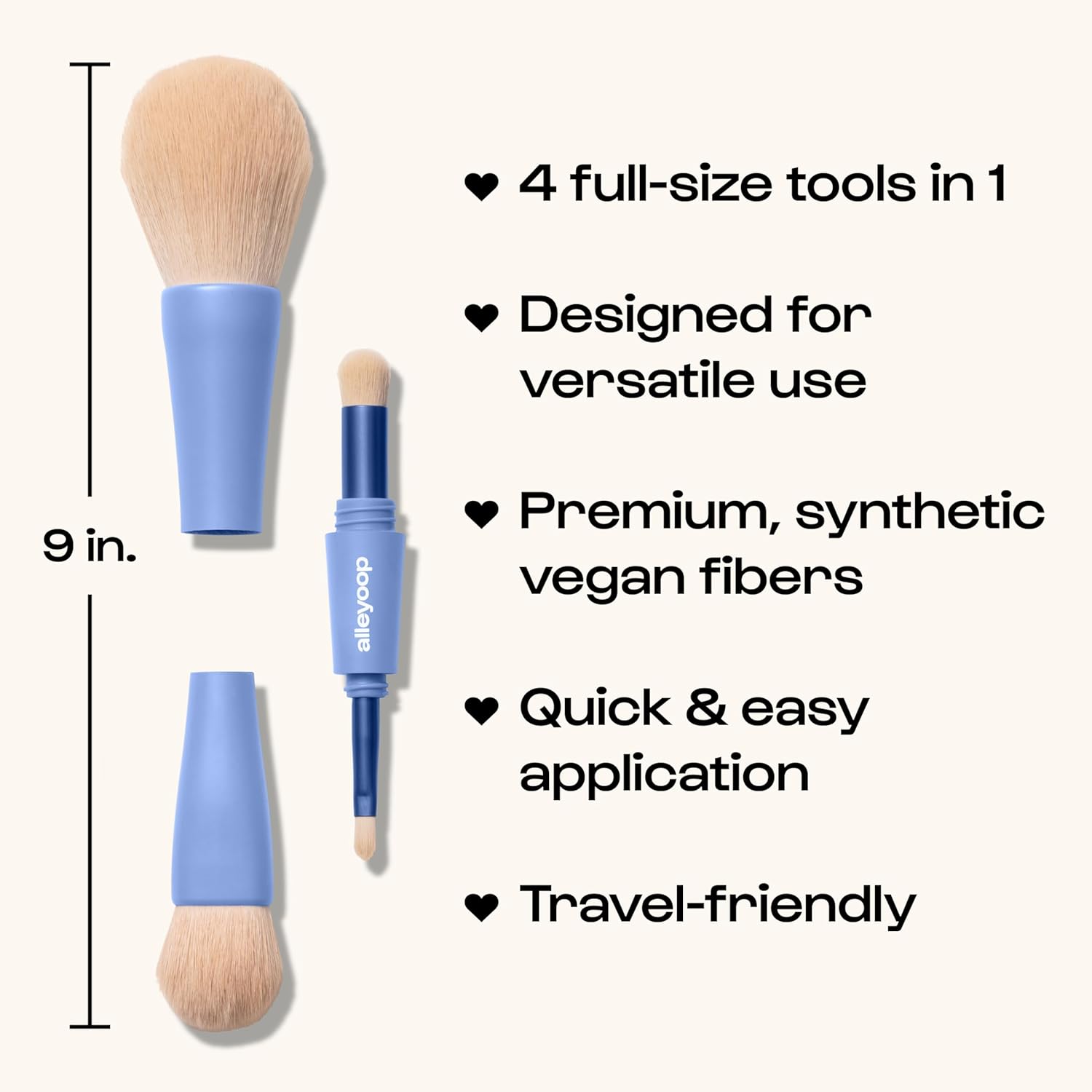 Alleyoop Overachiever 4-in-1 Travel Makeup Brush Set – Powder, Blending, Precision & Complexion Brushes – Mini Makeup Brush for Women, Vegan, Multi-Use & Travel-Friendly Makeup Tool - Image 2