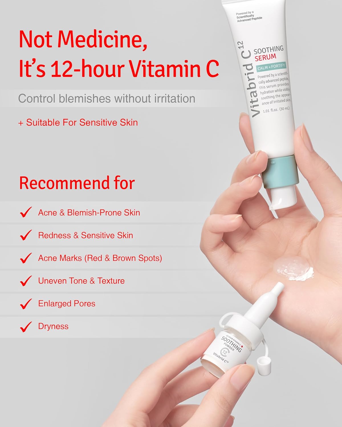12 Hour Vitamin C Soothing Serum for Acne & Blemish-Prone Sensitive Skin - Improves Sebum, Pores and Redness - Peptides, Niacinamide, Madecassoside, 1.01 fl.oz. Powder 0.04oz. - Image 3