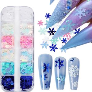 12 Grids Christmas Nail Art Glitter Sequins 3D Holographic Winter Snowflake Nail Art Glitter Flakes White Blue Pink Green Snowflake Designs Xmas Nail Decorations for Acrylic Nails Supplies