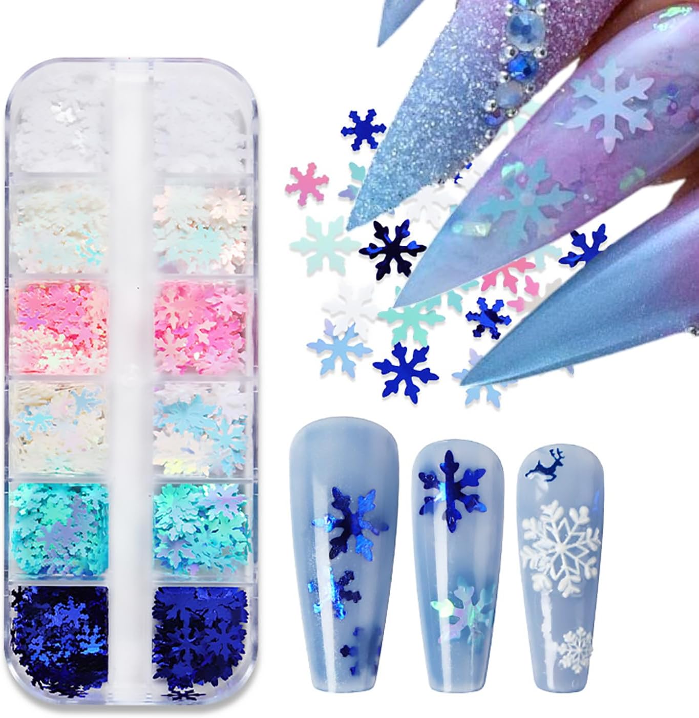 12 Grids Christmas Nail Art Glitter Sequins 3D Holographic Winter Snowflake Nail Art Glitter Flakes White Blue Pink Green Snowflake Designs Xmas Nail Decorations for Acrylic Nails Supplies