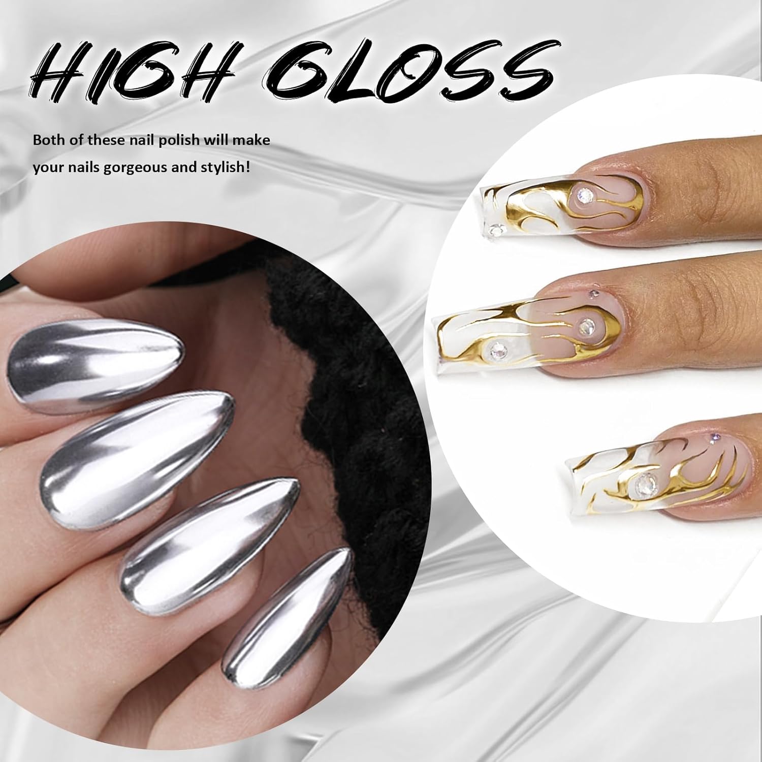 2x12ml Metallic Mirror Nail Polish, Ultra Mirror Silver & Gold Metal Painted Drawing with Thin Brush, Chrome Gel Polish Nail Art Gel Liner Soak Off DIY - Image 2