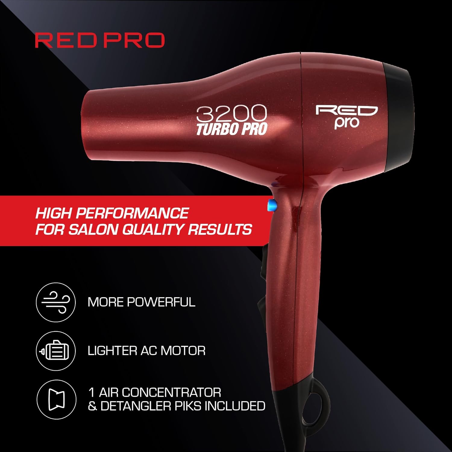 RED PRO 3200 Turbo Detangler AC Hair Dryer with Heat Protector Spray Bundle - Image 7
