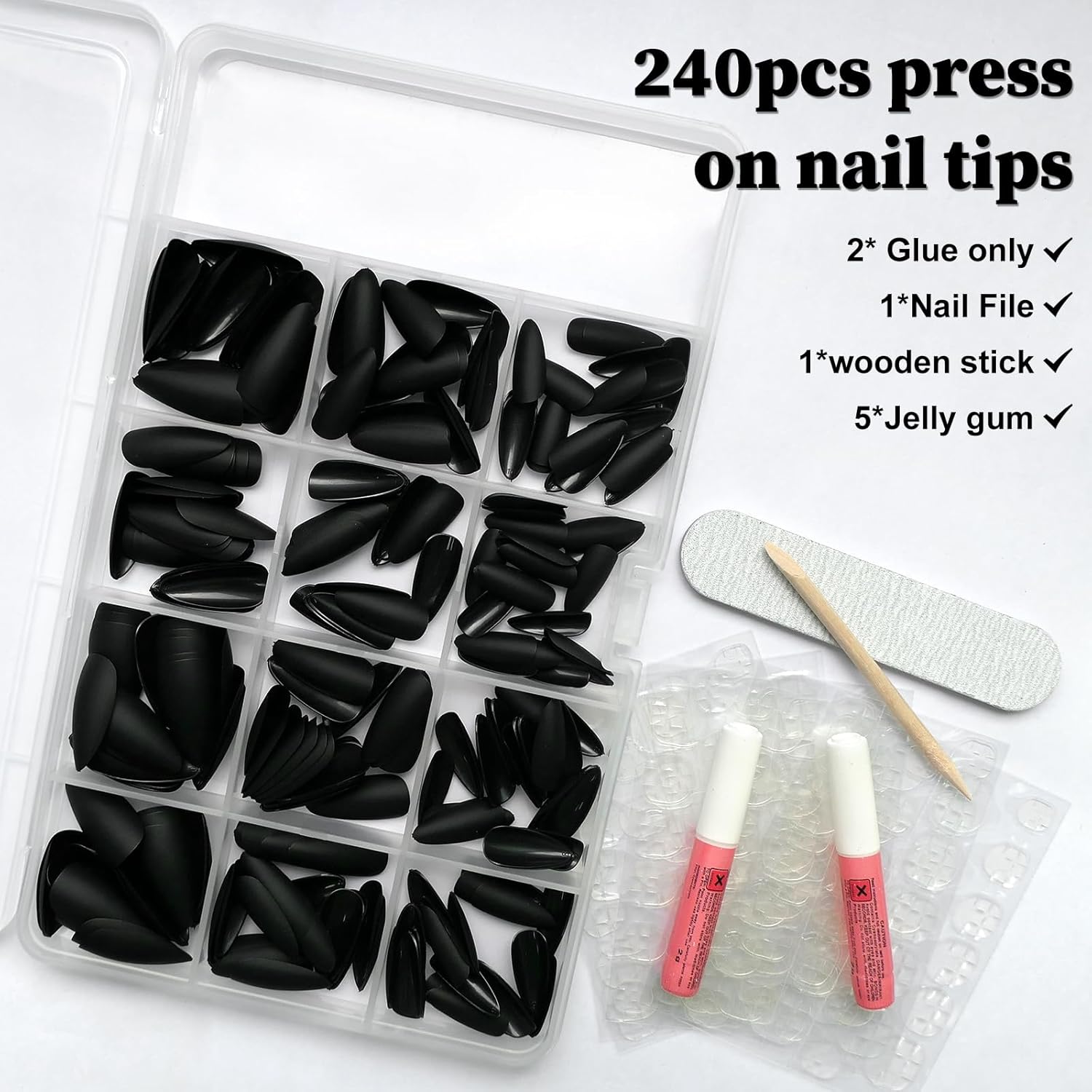 240pcs Almond Press on Nails, Matte Black Fake Nails Medium Acrylic Nails Press Ons False Glue on Nails Kit with 5 Sheets Adhesive Tabs for Women Girls - Image 2