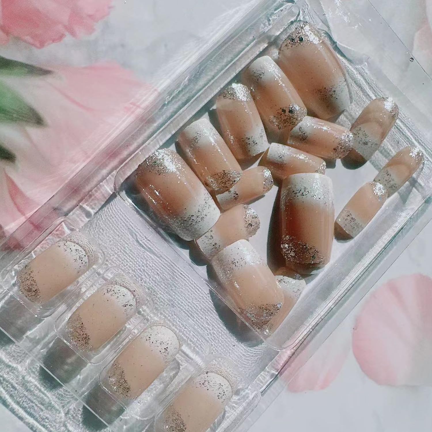 White French Tips Press on Nails Short Square Fake Nails Silver Glitter Acrylic Sparkly False Nails Glitter Stick on Nails Reusable Full Cover Artificial Nail for Women DIY Nail Art Decoration 24Pcs - Image 4
