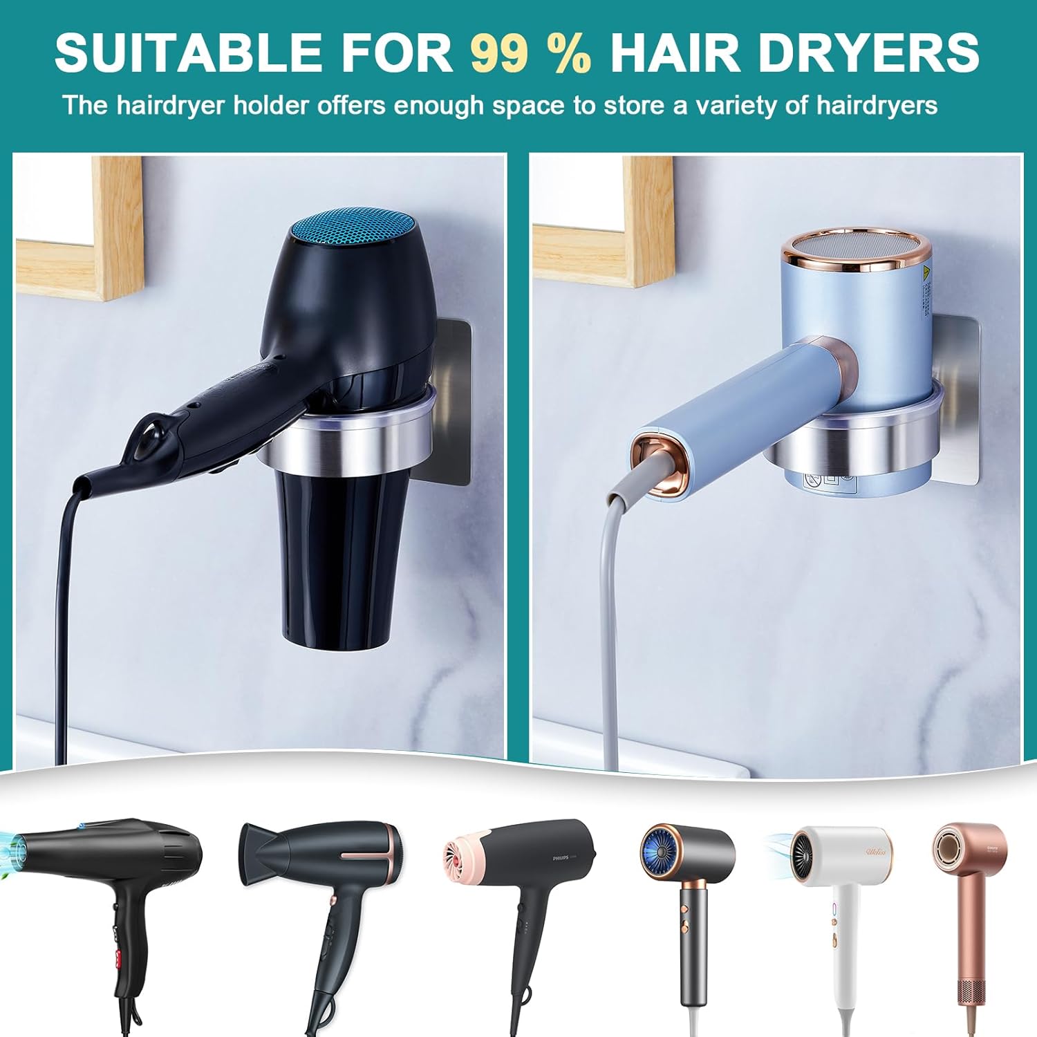 Hair Dryer Holder Wall Mounted, Hair Tool Organizer and Storage, Blow Dryer Holder Wall, Adhesive Hair Dryer Holder, SUS304 Stainless Steel Hairdryer Holder for Bathroom Salon Barber Shops - Image 5