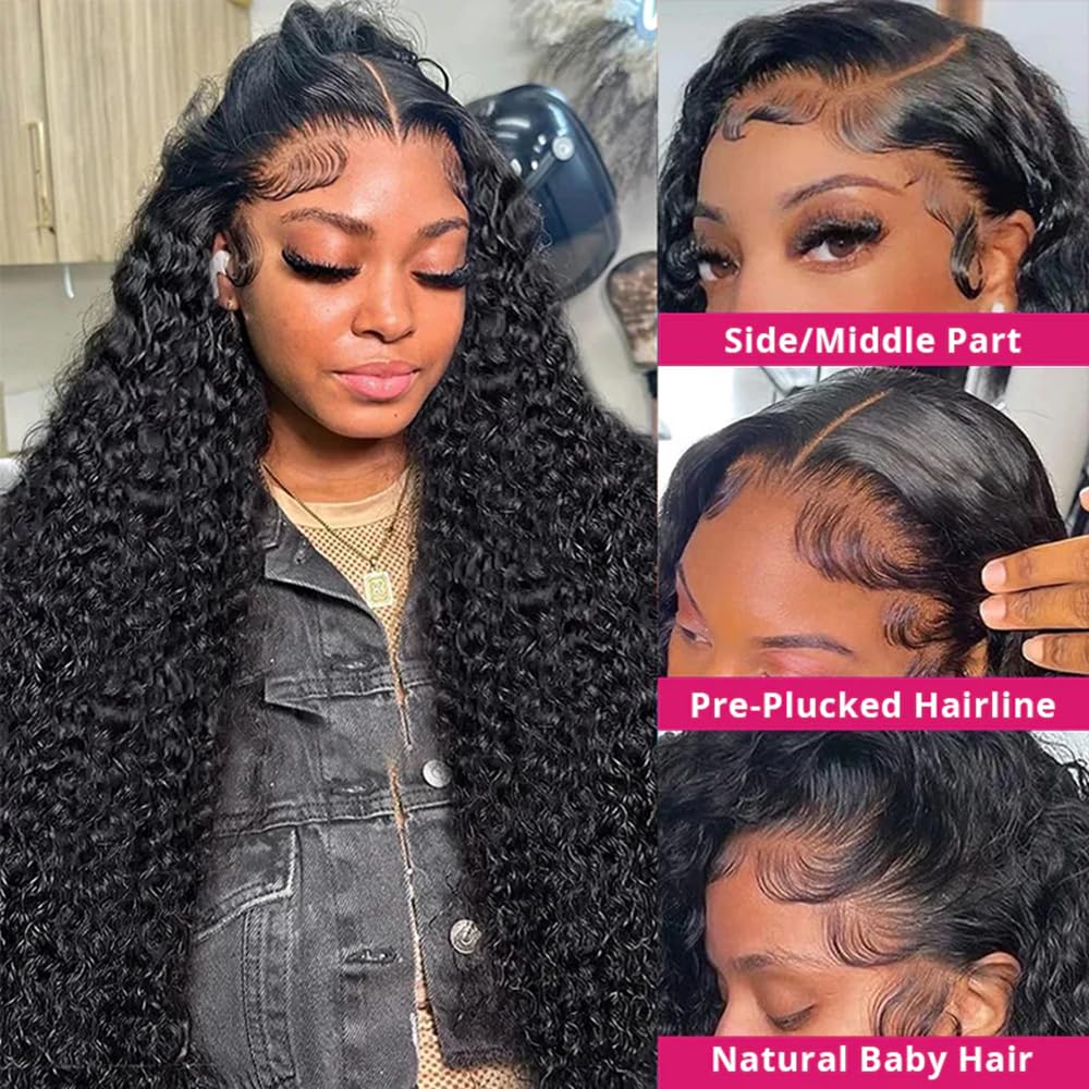 13x6 Deep Wave Lace Front Wigs - Human Hair Glueless Wigs - 200% Density HD Lace Front Wigs - Pre Plucked with Baby Hair - Wet and Wavy - Natural Black (30 Inch) - Image 2