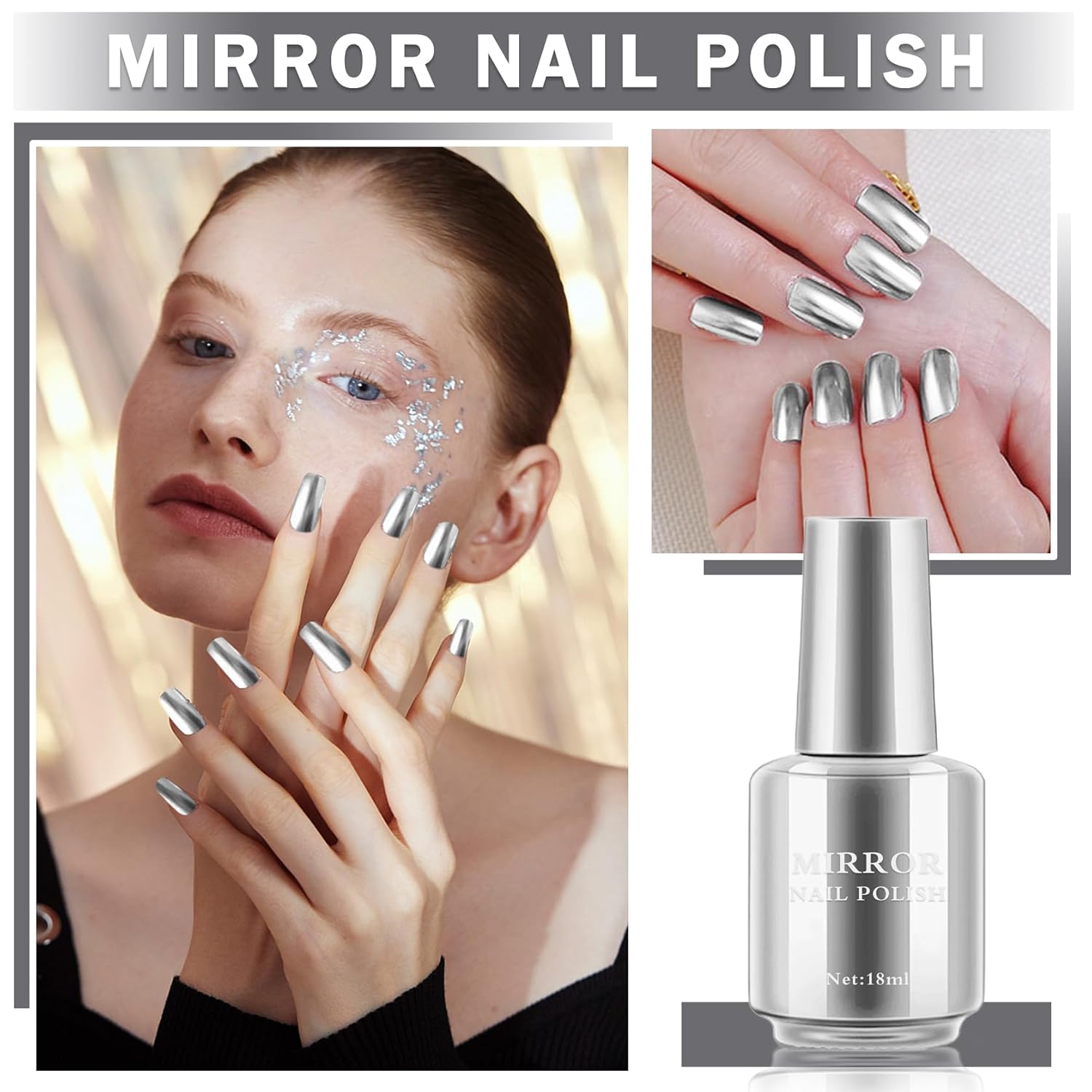 Silver Nail Polish Metallic Mirror Effect Chrome Nail Polish for DIY and Professional Nail Art (18ML, Silver) - Image 2