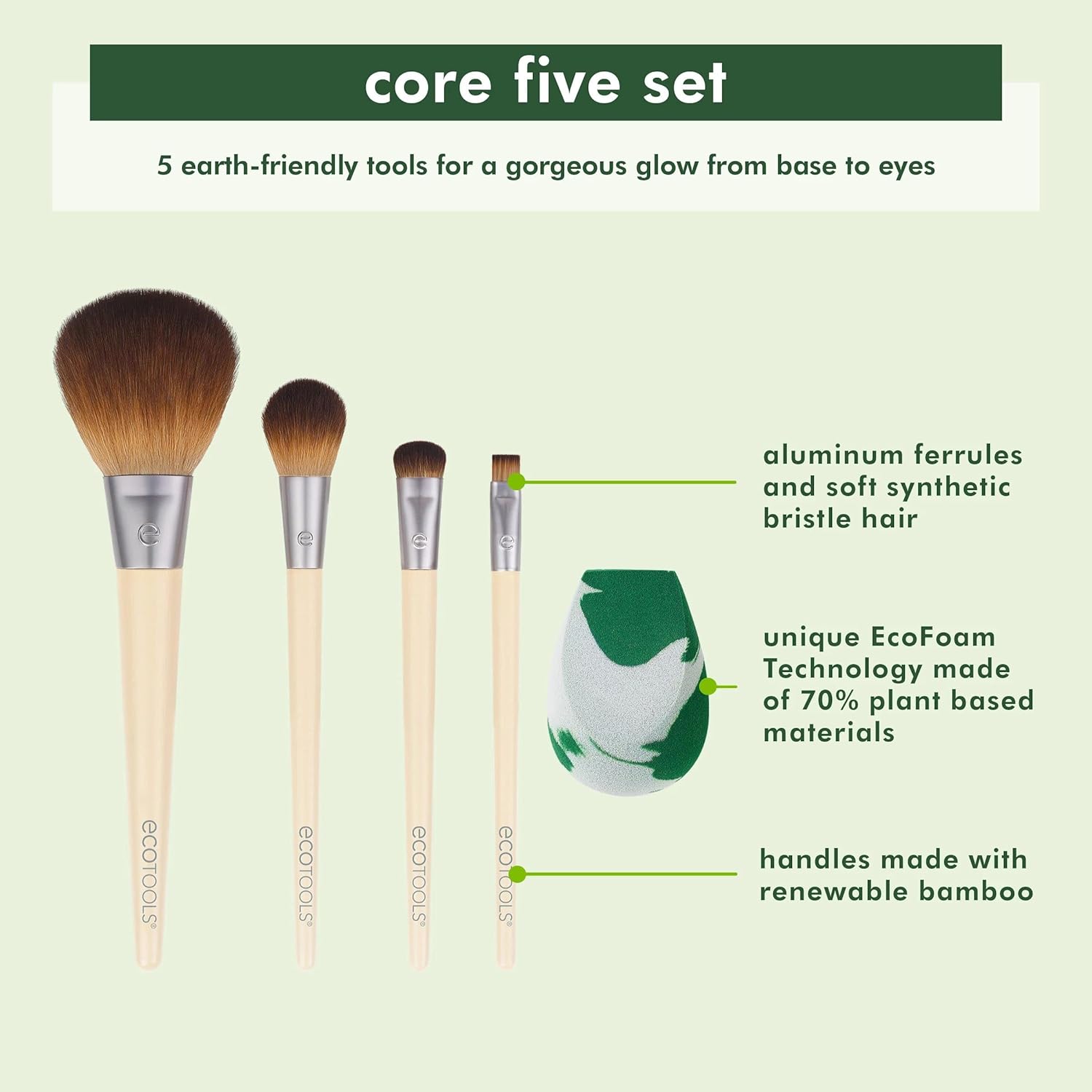 EcoTools Core Five Makeup Brush and Sponge Kit, For Eyeshadow, Blush, Bronzer, Eyeliner, & Foundation, Makeup Blending Sponge, Brush Essentials, 5 Piece Set Tan - Image 2