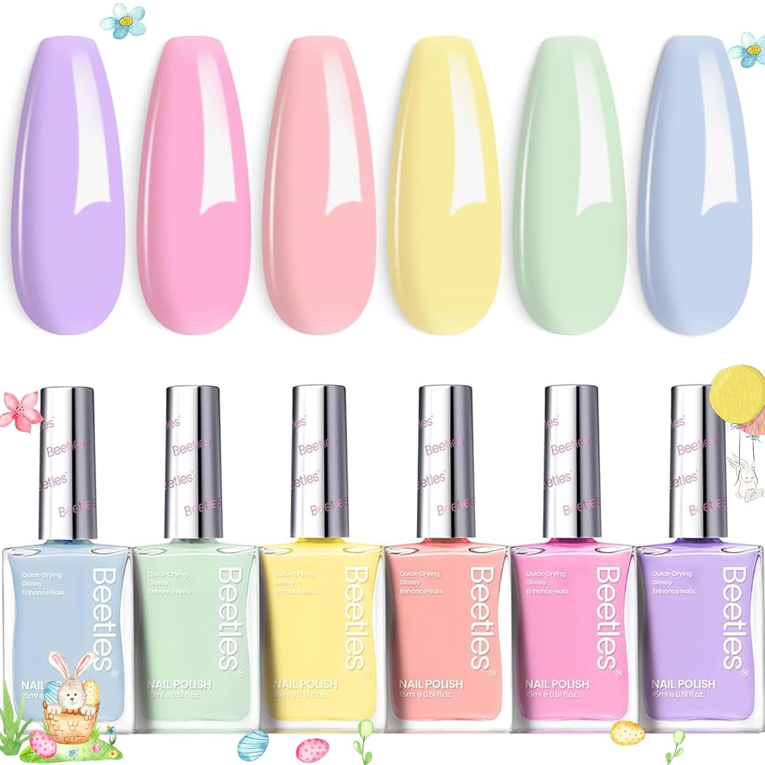Beetles Pastel Nail Polish Set -6 Colors Pink Blue Yellow Nude Pink Purple Nail Polish Set Quick Dry Finger DIY Air Dry Nail Art Salon Home Pastel Reverie Gift for Women