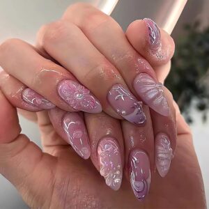 3D Press-on Nails - Handmade, Charms, Flower, Pearl, Pink, French, Acrylic, Almond Shape, Very Cute, Medium Stick-on Nails for Women, 24pcs