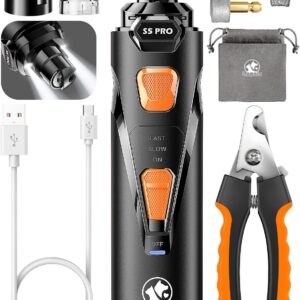 Dog Nail Grinder with 2 LED Lights Powerful 2 Speeds Super Quiet Dog Nail Trimmers with 3 Grinding Wheels Rechargeable Pet Dog Nail Clippers for Large Medium Puppy Dogs Dog Nail File Cat Nail Clipper