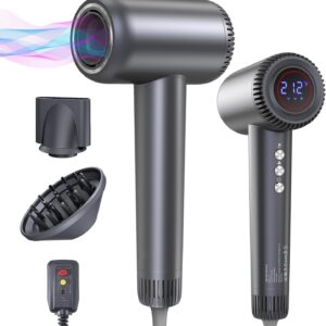 Hair Dryer, 180000 RPM High-Speed Blow Dryer, 1600W Low Noise Brushless Motor, Negative Lonic Professional Care Hair Dryer, 4 Thermo-Control with Magnetic Diffuser and Nozzle for Travel, Salon(Gray)