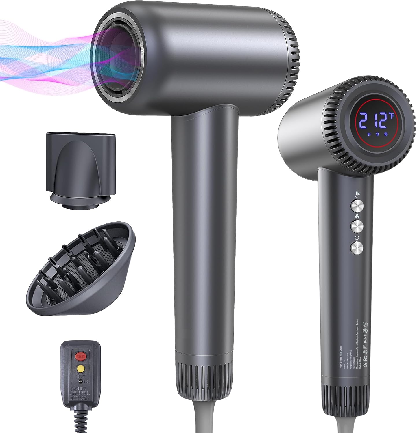 Hair Dryer, 180000 RPM High-Speed Blow Dryer, 1600W Low Noise Brushless Motor, Negative Lonic Professional Care Hair Dryer, 4 Thermo-Control with Magnetic Diffuser and Nozzle for Travel, Salon(Gray)
