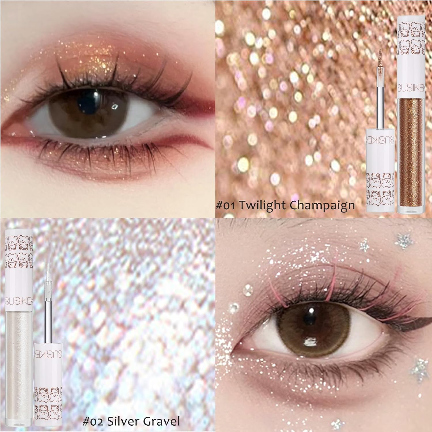 Eye Glitter Liquid Eyeshadow Eyeliner Set(6Pcs), Glittery Korean Makeup Bling Under Eye Shadows, Shimmer Tear Drop Make Up Gift Kit, Quick-Dry, Long-Lasting Loose Glitter Glue for Crystal Makeup - Image 3