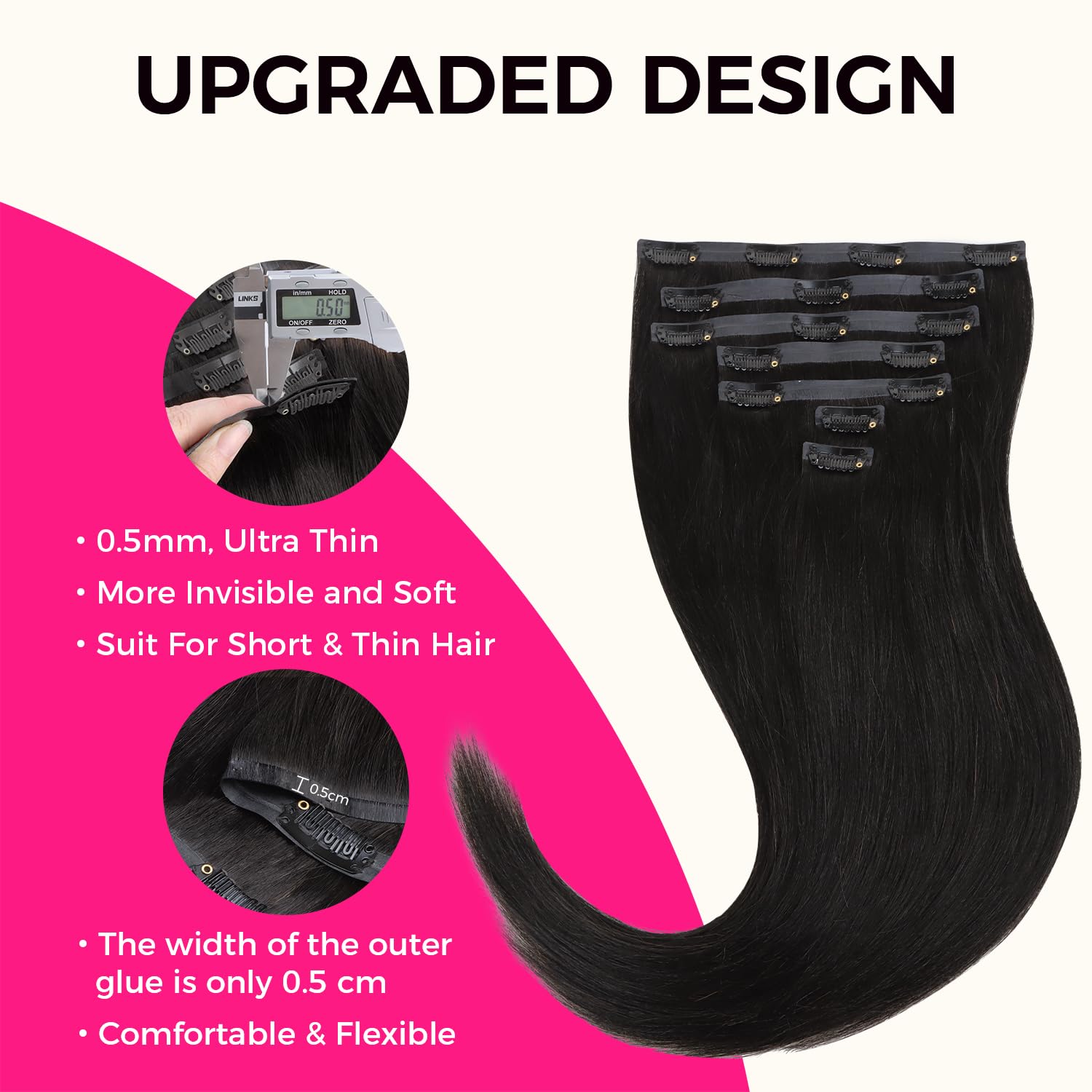 Lashey Seamless Clip in Hair Extensions Human Hair Light Yaki Straight Clip in Hair Extensions 16 Inch 7pcs 110g Natural Black PU Clip in Hair Extensions Human Hair for Women - Image 4