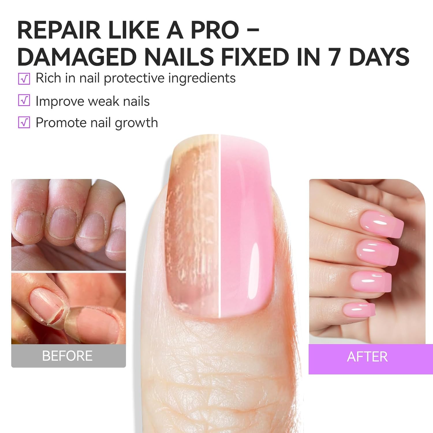 gelike ec Nail Ridge Filler and Strengthener Polish: Pink 6 in 1 Natural Nail Hardener Extra Strong and Growth - Long Lasting Nail Repair for Damaged Nails - For Daily Work Home Salon - Image 6