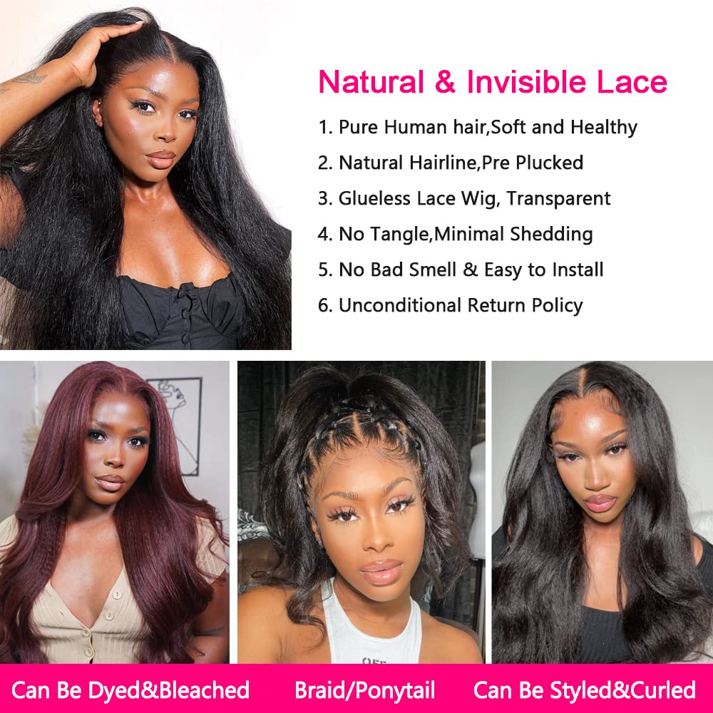 GOLFMAX Kinky Straight Lace Front Wigs Human Hair Pre Plucked With Baby Hair 180% Density Yaki Straight 13x4 Transparent HD Glueless Lace Wig Human Hair Wigs For Black Women 24 Inch - Image 2