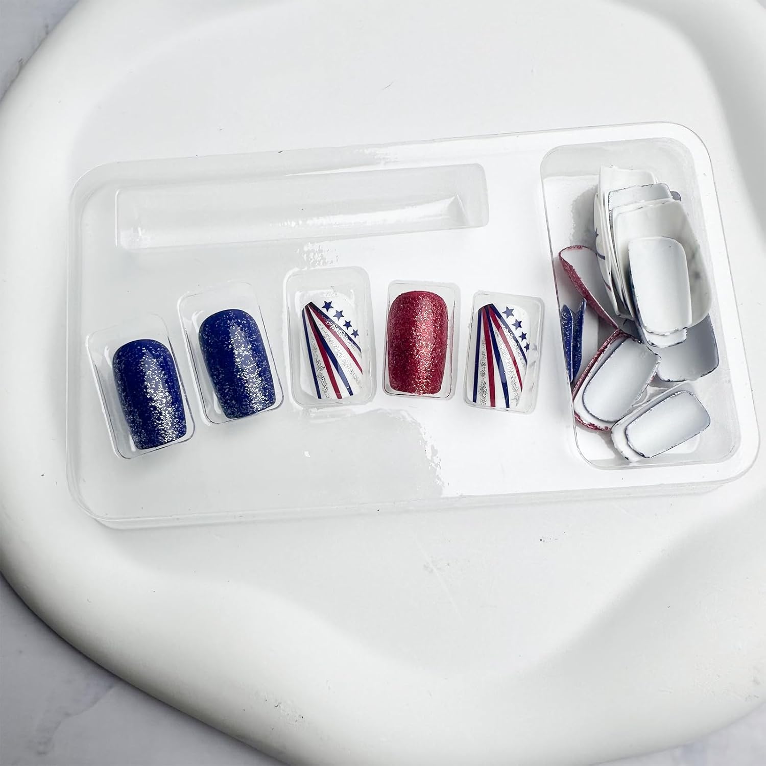 24Pcs Independent Day Press on Nails 4th of July Medium Square Coffin Fake Nails Red Blue Glitter Full Cover Glossy Acrylic nails False Nails Colorful Line Star Glue on Nails Manicure Decor - Image 6