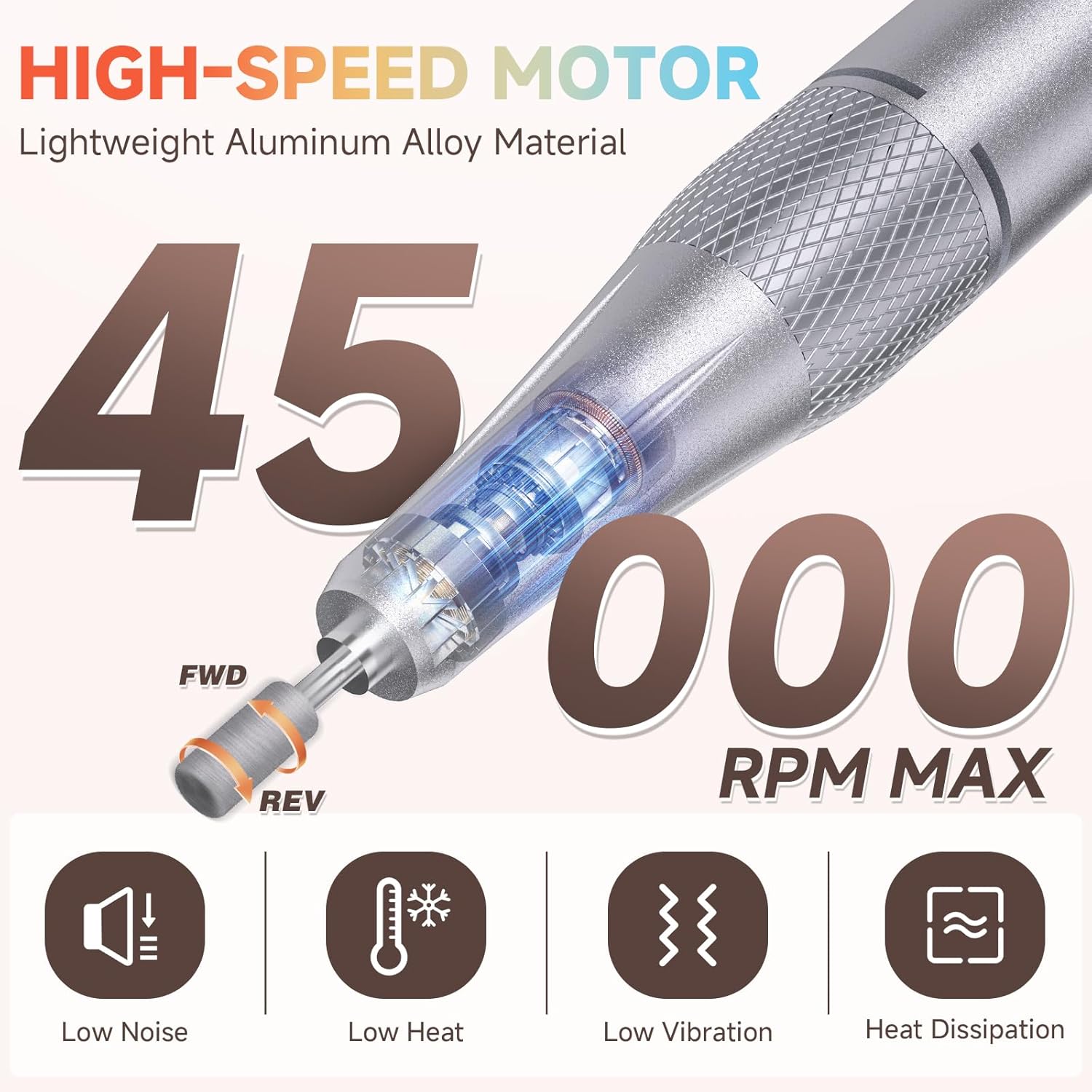 Nail Drill, Portable Electric Nail File 45000RPM, Rechargeable Nail Drill Professional with Bits & Base, for Acrylic Gel Nails, E-File Machine, Manicure Polishing, for Salon Home, White - Image 3
