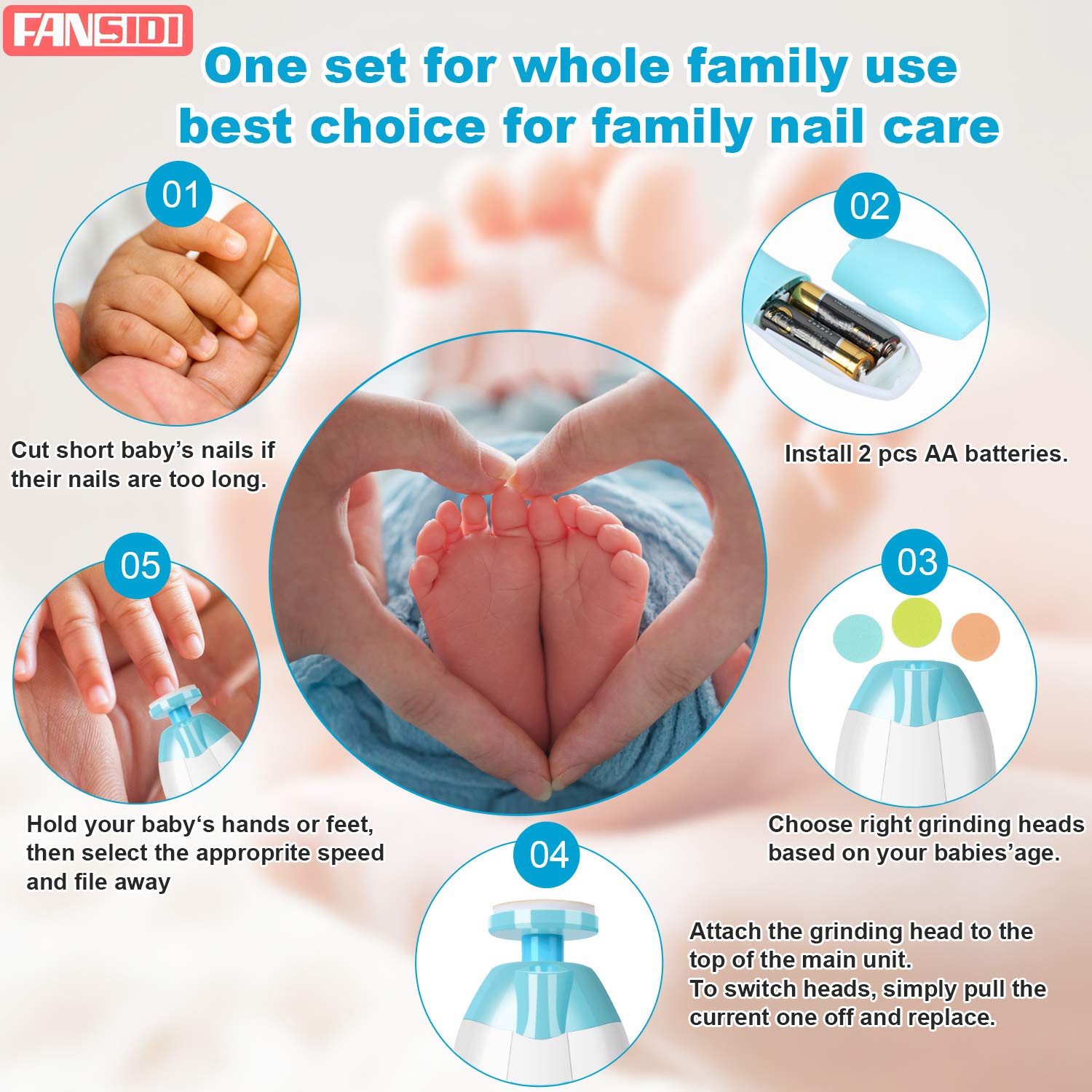 Baby Nail Clippers, FANSIDI Safe Baby Nail Trimmer Baby Nail File Electric with 10 Filing Pads 8 Sandpapers for Newborn Infant Toddler or Adult Toes Fingernails Care - AA Battery Operated (White/Blue) - Image 7