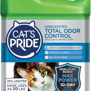 Cat's Pride Max Power: Total Odor Control - Up to 10 Days of Powerful Odor Control - Strong Clumping - Hypoallergenic - 99% Dust Free - Multi-Cat Litter, Unscented, 15 Pounds