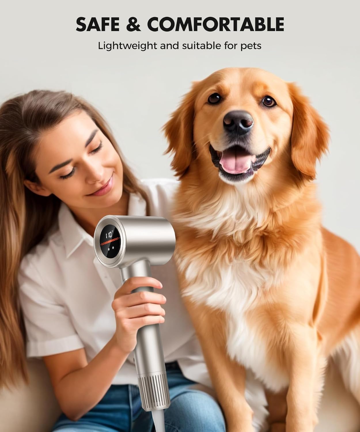 Hair Dryer, 150000RPM High-Speed Hairdryer for Fast Drying, Low Noise, HD Display, 5 Temps & 2 Speeds, 500 Million Negative Ionic Blow Dryer with Diffuser & Nozzle, Gold - Image 8