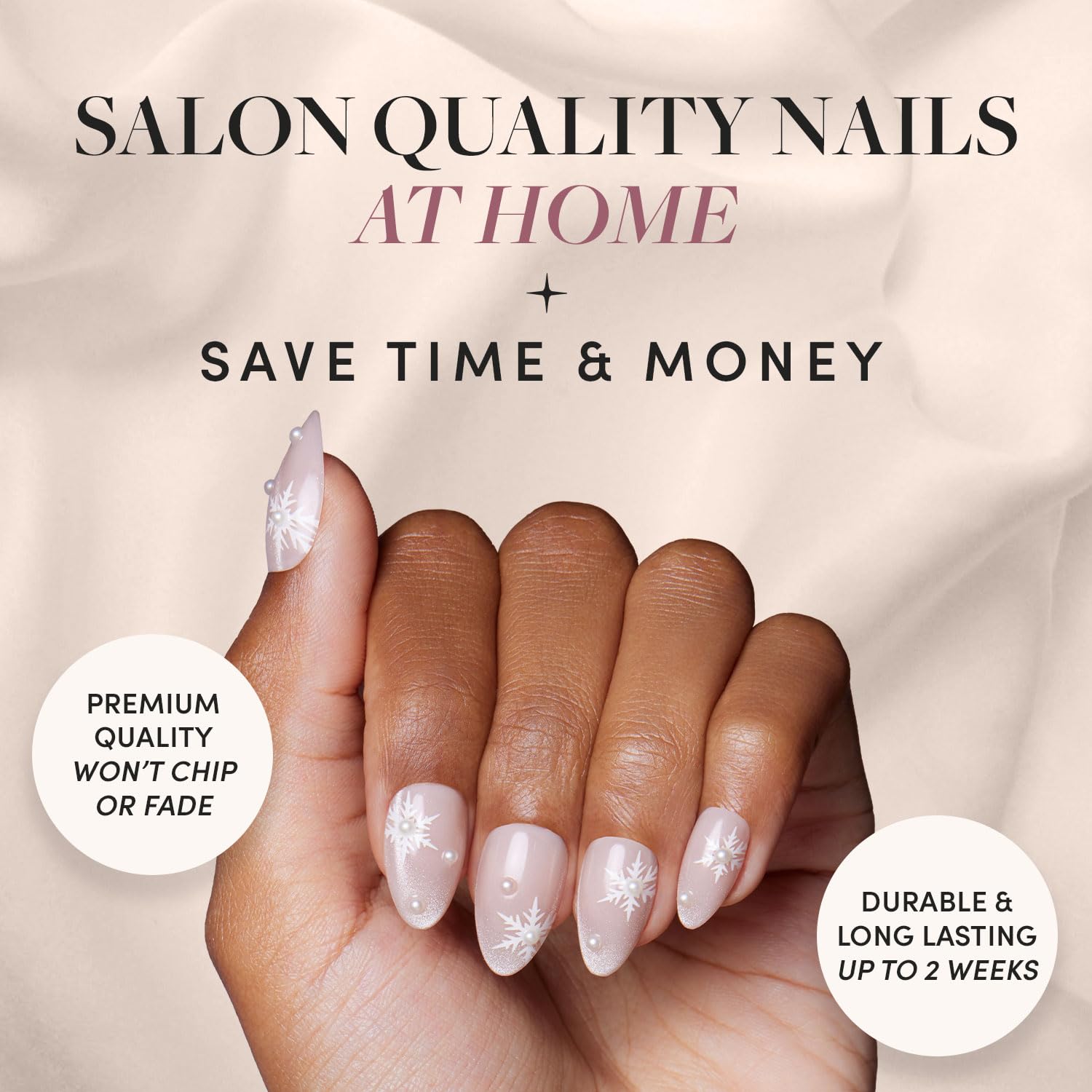 Glamnetic Press On Nails - Snowfall | Semi-Transparent Snowflake & 3D Pearl Accent Almond False Nails, Reusable Stick On Fake Nails with Glue | Salon Quality | 15 Sizes - 30 Nail Kit - Image 2