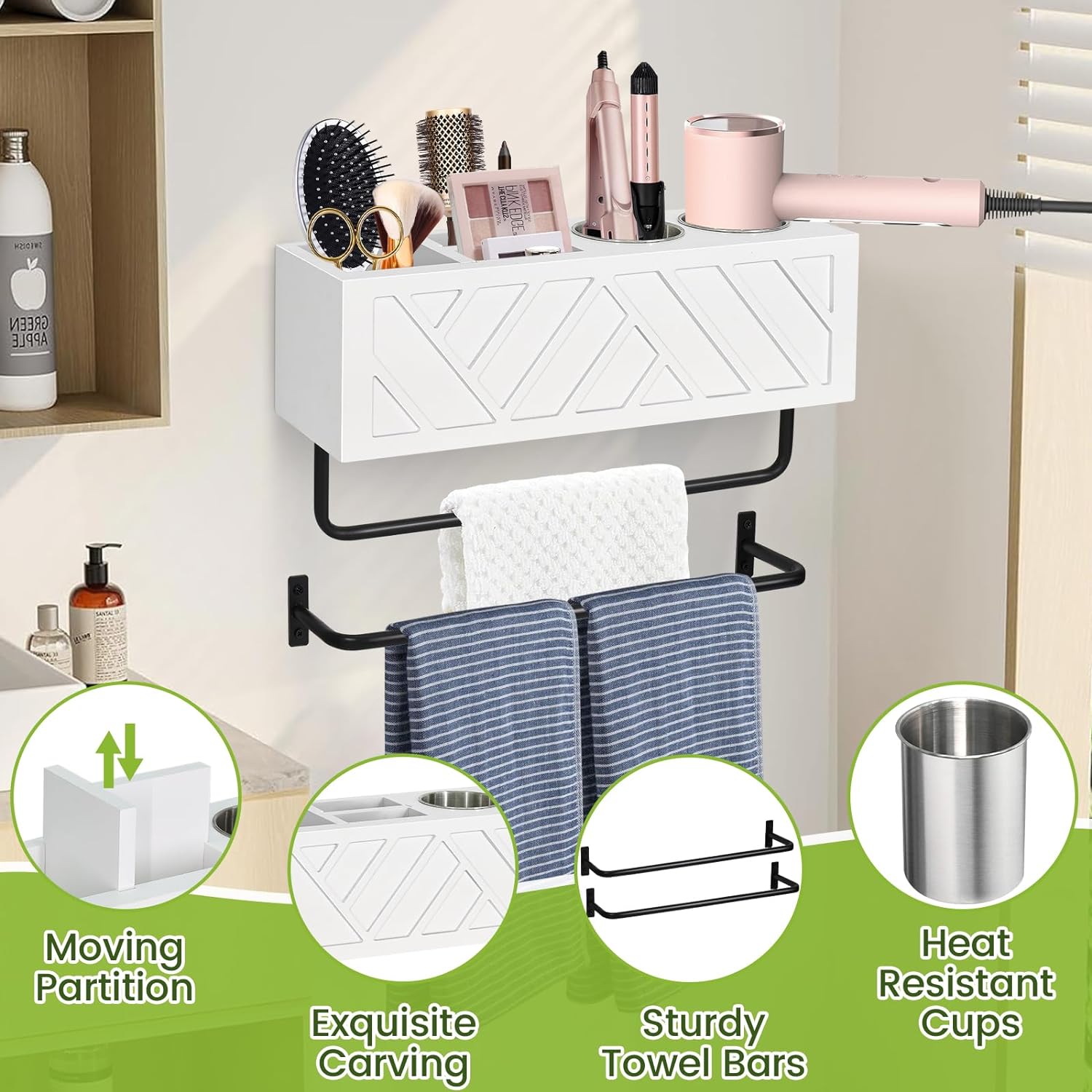 Hair Tool Organizer Wall Mount, Hair Dryer Holder with 2 Towel Bars, Wood Hot Tools Organizer, Rustic Bathroom Organizer Blow Dryer Holder for Bathroom Decor, Flat Iron, Curling Wand, Brushes(White) - Image 6