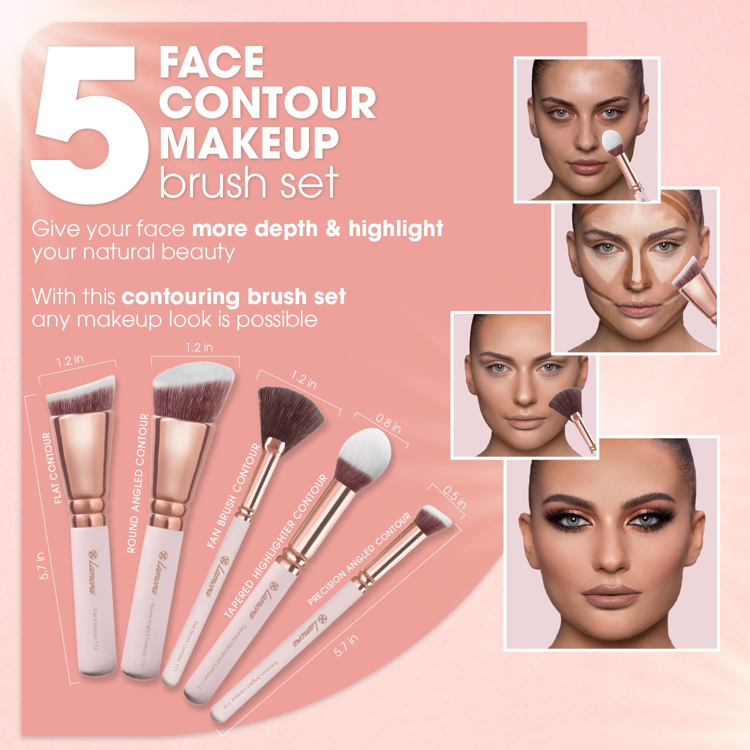 Pro Face Contour Brush Set - Synthetic Contouring Sculpting and Highlighting Kit - Cream Blush Powder Flat Nose Cheek Round Small Angled Fan Tapered Precision Kabuki Foundation Makeup Brushes - Image 3