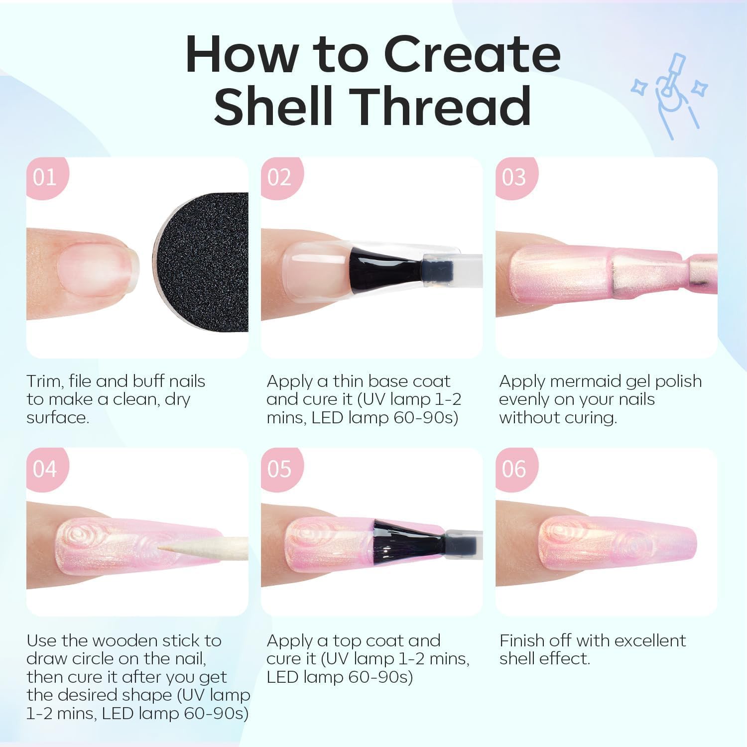 Modelones Pearl Glitter Gel Nail Polish, 15 ML Shine White Nail Polish Iridescent Shimmer Mermaid Pastel Chrome Nails Soak Off Led Pearlescent Polish Swirl Shell Thread Effect DIY Gift - Image 6