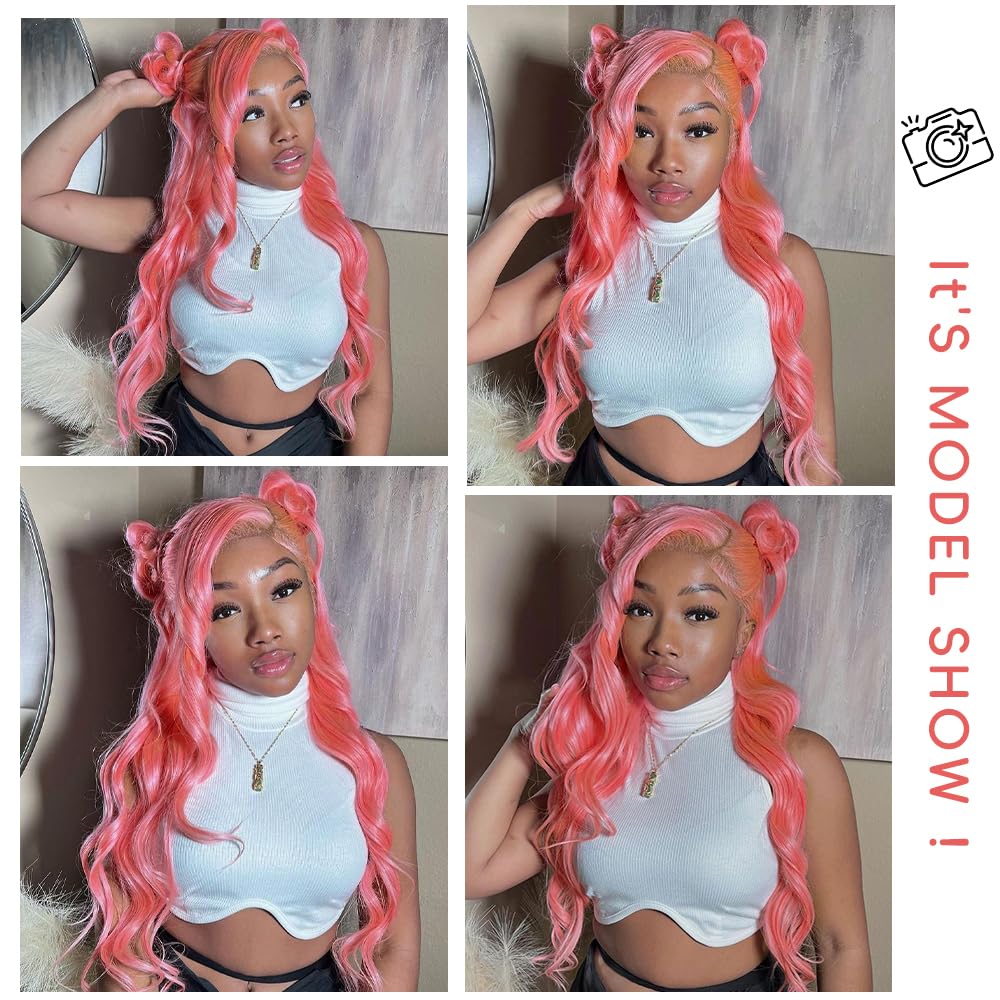 Pink Lace Front Wigs Human Hair 13x4 HD Body Wave Lace Front Wigs Human Hair Pre Plucked Frontal Wig 180% Density Colored Pink Human Hair Wig Glueless Wigs 24 Inch - Image 5
