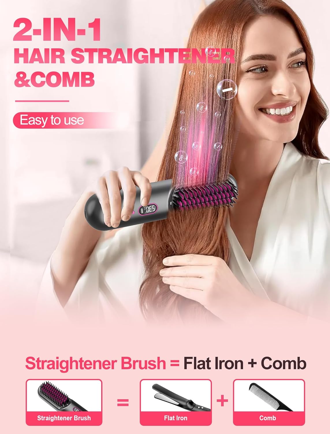Cordless Hair Straightener Brush for Travel,Mini Hair Straightener Comb with Negative Ion,Portable hot Brush Hair Straightener for Women, Rechargeable 9600mAh Battery, Anti-Scald,12 Temp-Setting - Image 3