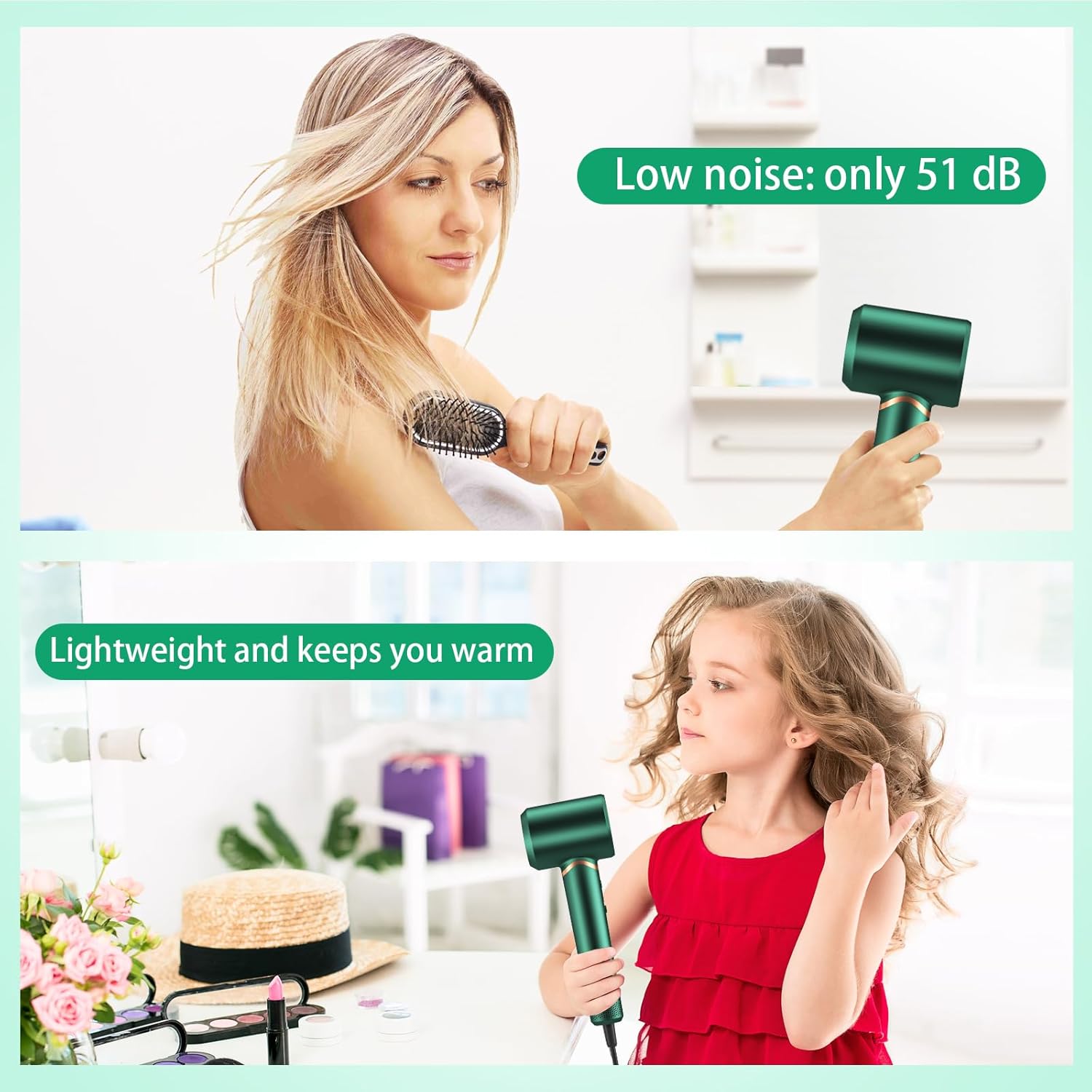 Hair Dryer - 110000 RPM High-Speed Brushless Motor Negative Ionic Blow Dryer for Fast Drying, Low Noise Thermo-Control Hair-Dryer-2 Speed ββand 3 Heat Settings, Cold Air Button with 1 Diffuser-Green - Image 7