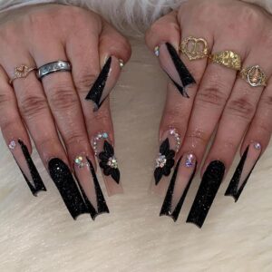 MISUD Press On Nails - Long Square Glossy Glue On Nails with Bling Black Glitter French Tip Acrylic Flower Rhinestone Design, 24 pcs