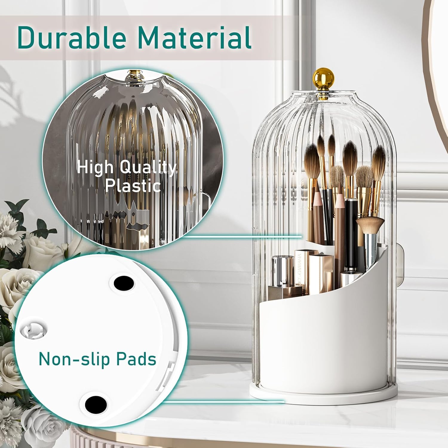 GAXmi Makeup Brush Holder with Lid Cosmetic Tools Organizer 360 Rotating Waterproof Dustproof Beauty Brushes Storage for Vanity, Transparent - Image 6