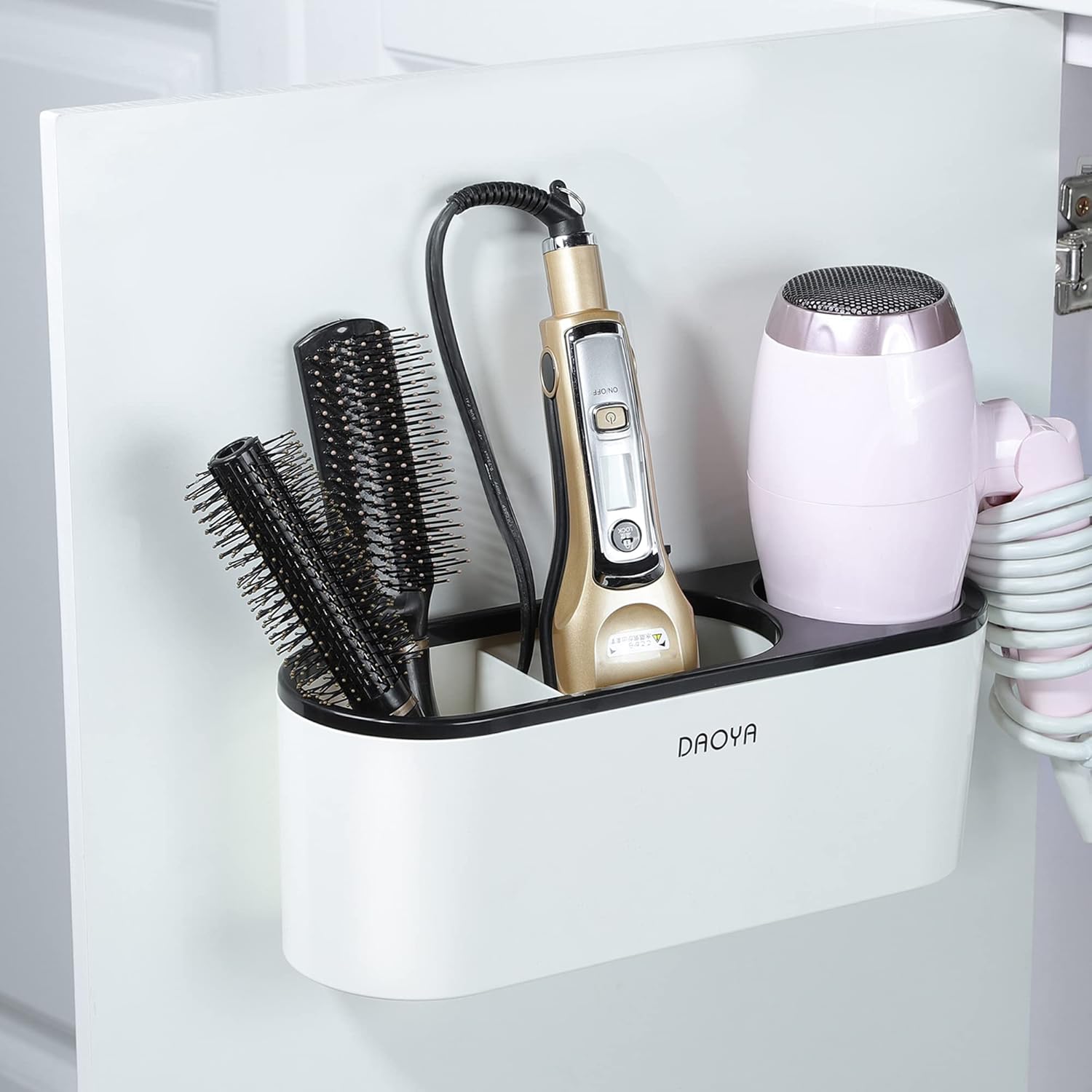 Hair Dryer Holder - White Tool Organizer Blow Cabinet Door, Bathroom Curling Iron for Straightener Styling Tools Storage