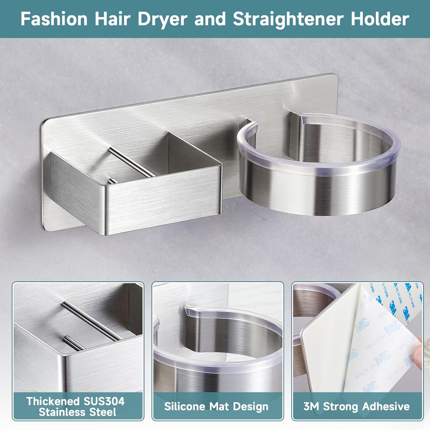 Hair Dryer Holder, Hair Tool Organizer, Stainless Steel Blow Dryer Holder Wall Mounted, Adhesive Straightener Holder, Bathroom Hair Care Styling for Flat Iron,Curling Iron,Hairdryer - Image 3