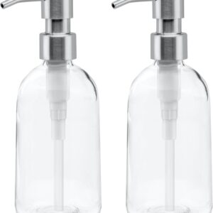 Grove Co. Gel Hand Soap Dispenser (13.5 Oz) 2 x Refillable Glass Bottles with Stainless Steel Pump, Reusable Liquid Soap Refill Set, Square Base, Reduce Plastic Waste Bundle