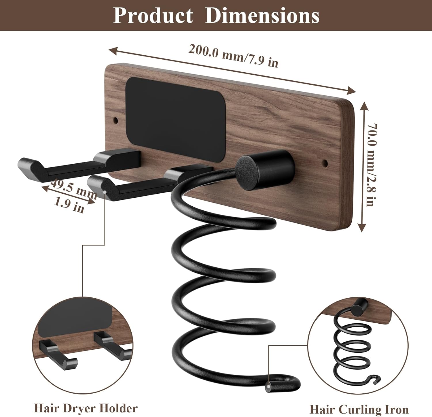 Tindbea Hair Dryer Holder Curling Iron Holder, Blow Dryer Holder Wall Mount, Bathroom Hair Tool Organizer Rack for Universal Dryer, Walnut Matte Black - Image 3