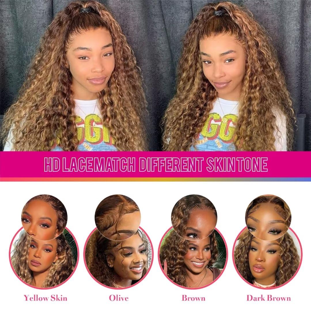 Highlight Ombre 13x6 Lace Front Wig Human Hair 13x6 Deep Wave HD Lace Frontal Wig for Women 180 Density Honey Blonde Deep Curly Frontal Wig Pre Plucked 4/27 Color 26 Inch - Image 6