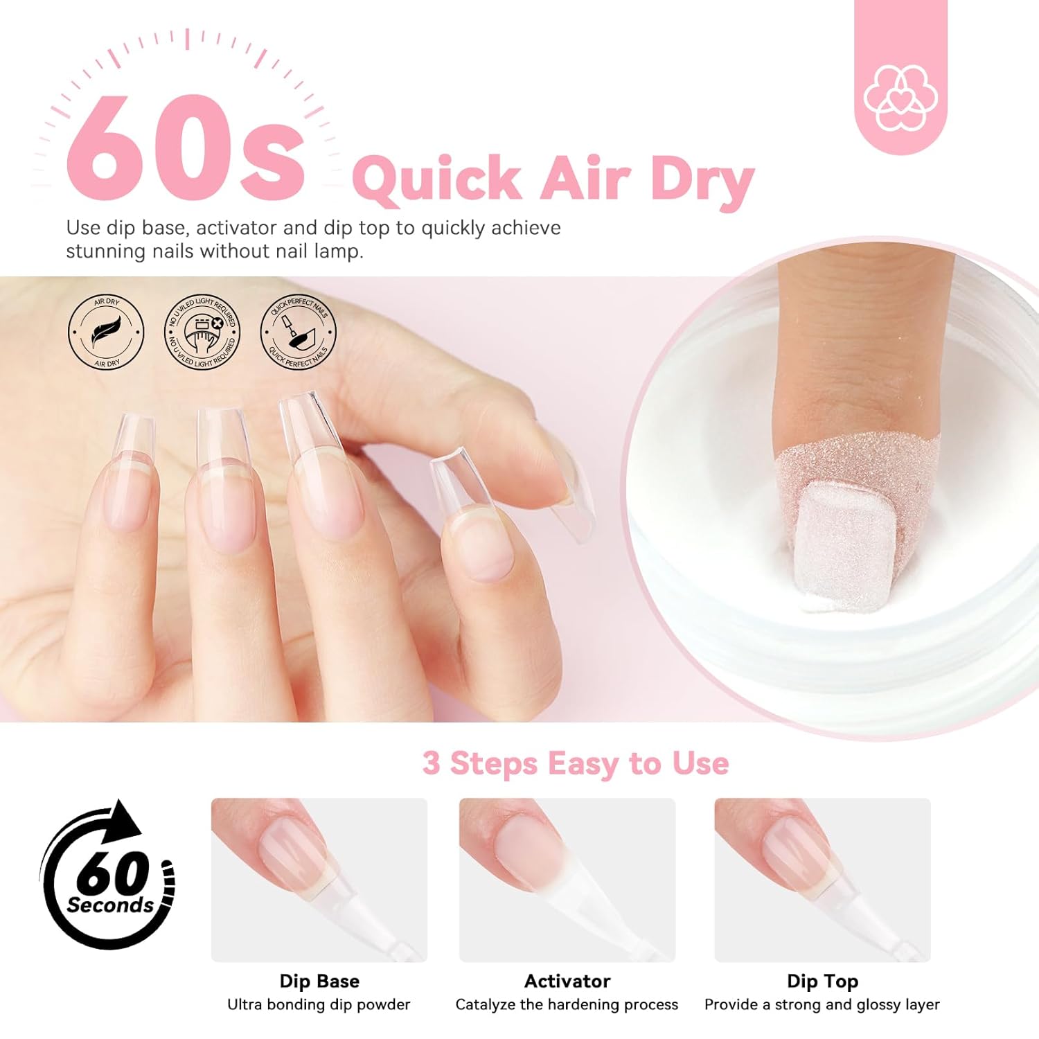 SAVILAND Clear Dip Powder Nail Kit Starter: 60g 2.1oz Dip Powder for Nails with Dipping Powder Liquid Set Dip Base Activator and Top Coat Professional Dip Nail Kit Repair for French Manicure Nail Art - Image 3