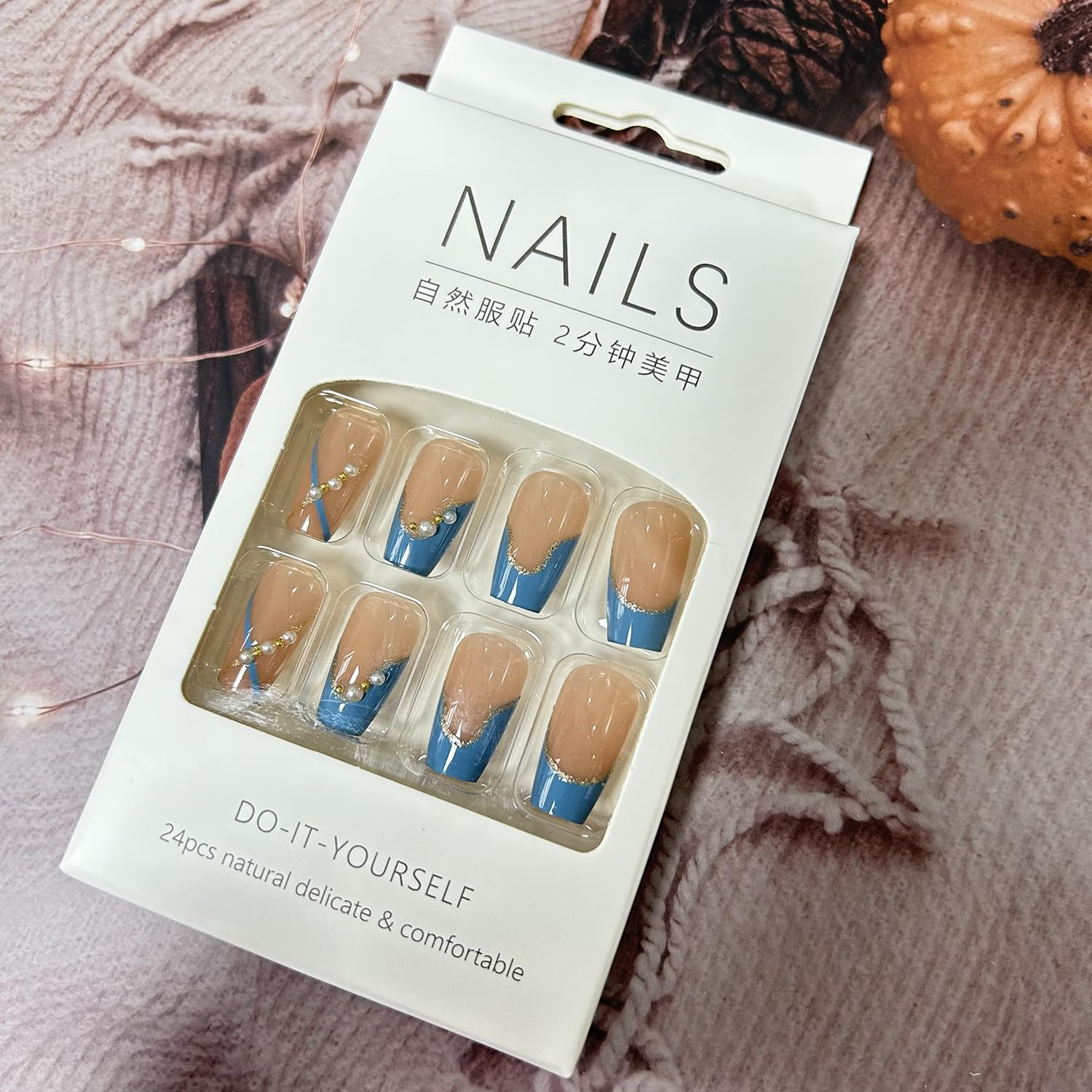 Blue French Press on Nails Medium with Pearl Design Cute Ballet Shaped False Nails Artificial Acrylic Coffin Nails Full Cover Reusable Fake Nails Nature Fit Stick on Nails Glue on Nails for Women - Image 6