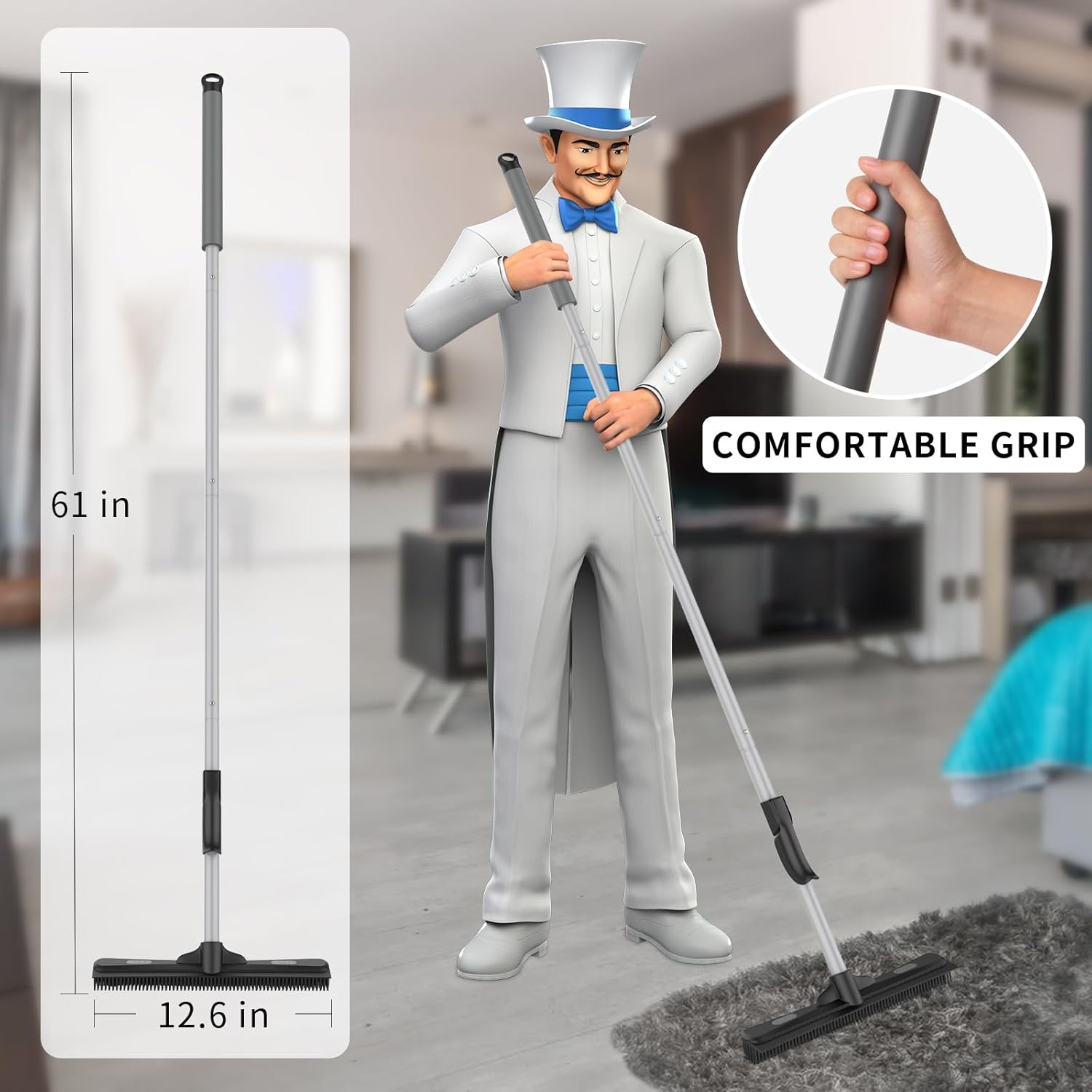 MR.SIGA 3-in-1 Pet Hair Rubber Broom Squeegee New Adjustable 61 Inch Handle - Image 2