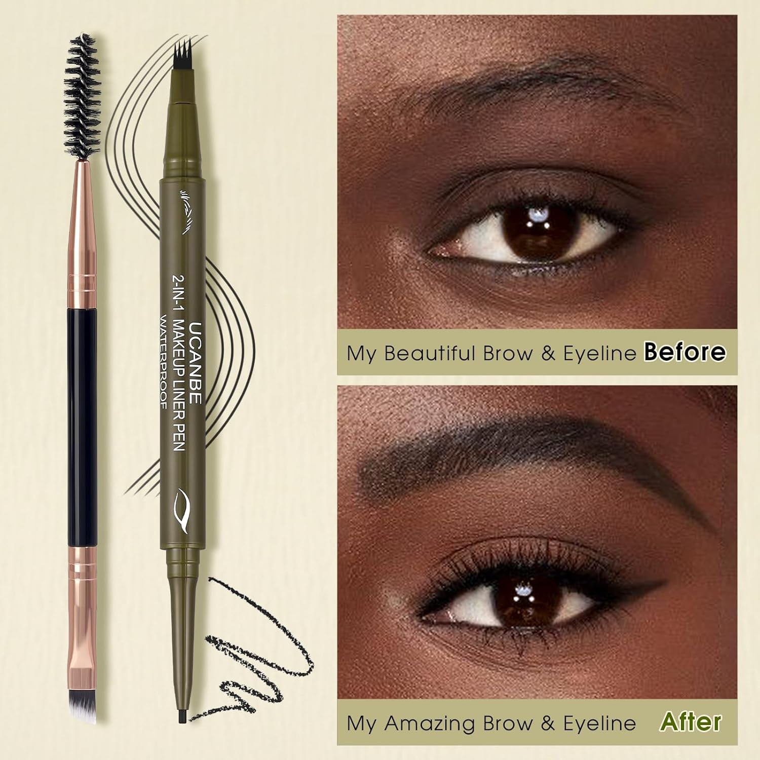 UCANBE Eyebrow Pencils for Women with Spoolie Brush, Dual-Ended Eyebrow Pen with 4-Fork-Tip & Gel Eyeliner, Microblading Brow Pen with Eyeliner Pencil + Brow Brush for Hair Like Brows, Soft Black - Image 2